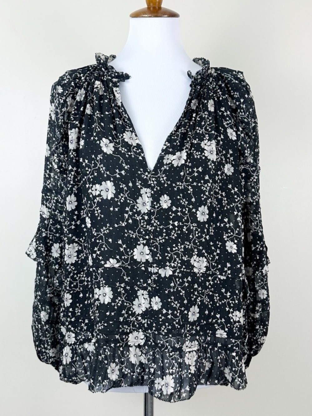 Isabel Etoile Marant Black and White Floral Ruffle Blouse